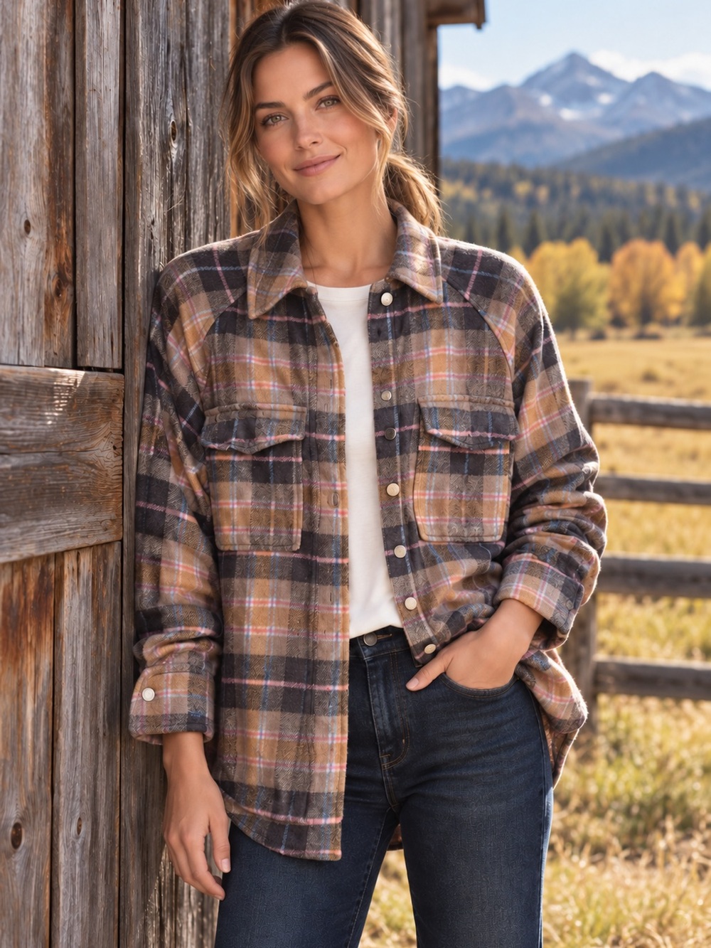 Zara Plaid Cotton Shacket Shirt Jacket oversized XS Tan Charcoal Pink